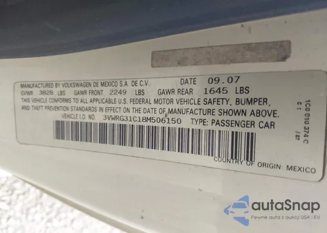 2008 Volkswagen New Beetle S/Se z USA, uszkodzony, nr VIN 3VWRG31C18M506150